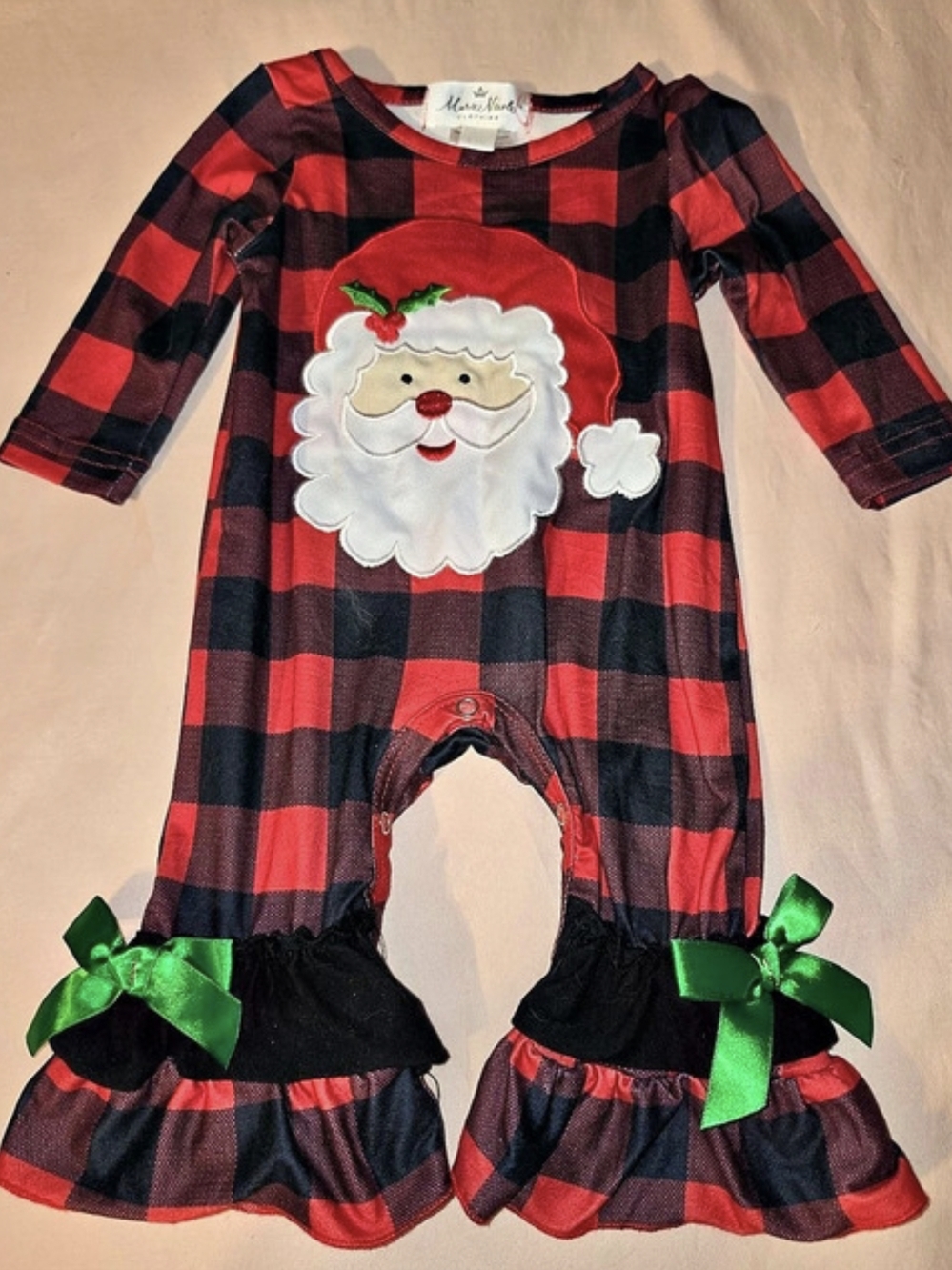 Marie Nicole Santa Checkered Romper Baby  0-3M Red & Black
